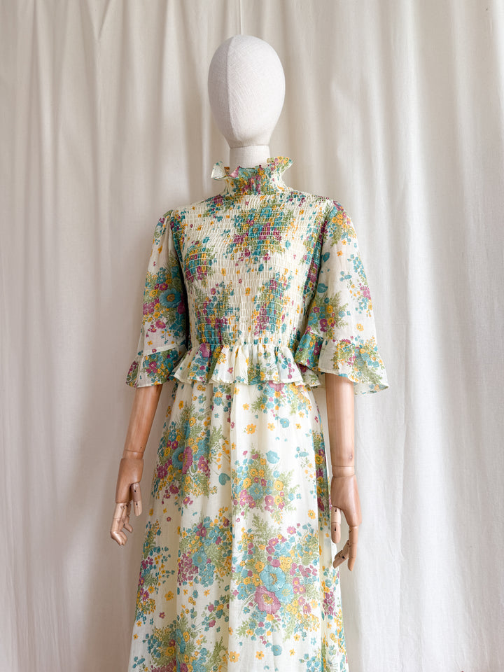 Heavenly Rare 1970s Shirred Cotton Floral Prairie Maxi Dress