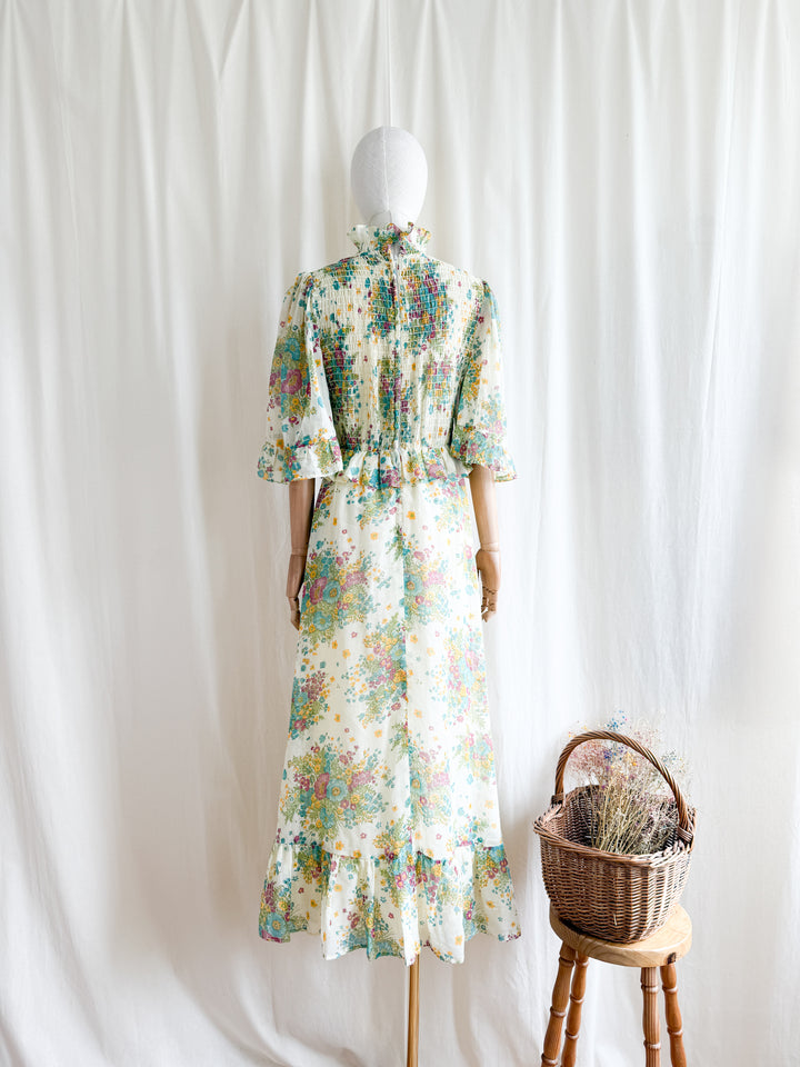 Heavenly Rare 1970s Shirred Cotton Floral Prairie Maxi Dress