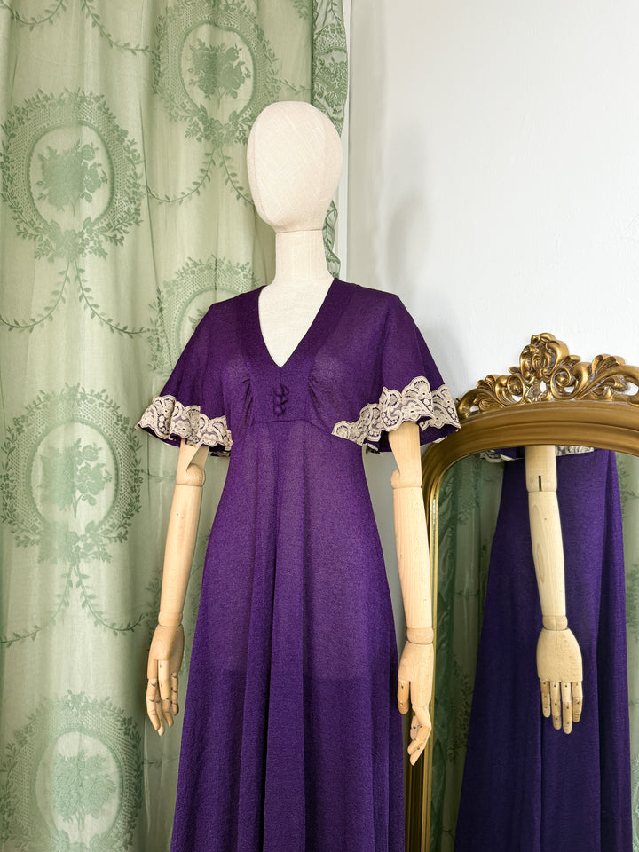 AURORE ~ GORGEOUS 1970S LACE TRIMMED PURPLE MAXI DRESS
