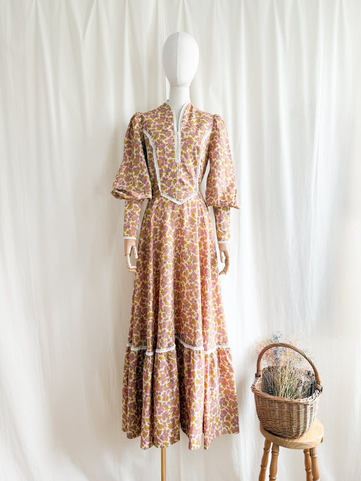 Insanely Beautiful 1970s Soft Cotton Handmade Corset Bust Mutton Sleeve Maxi Dress