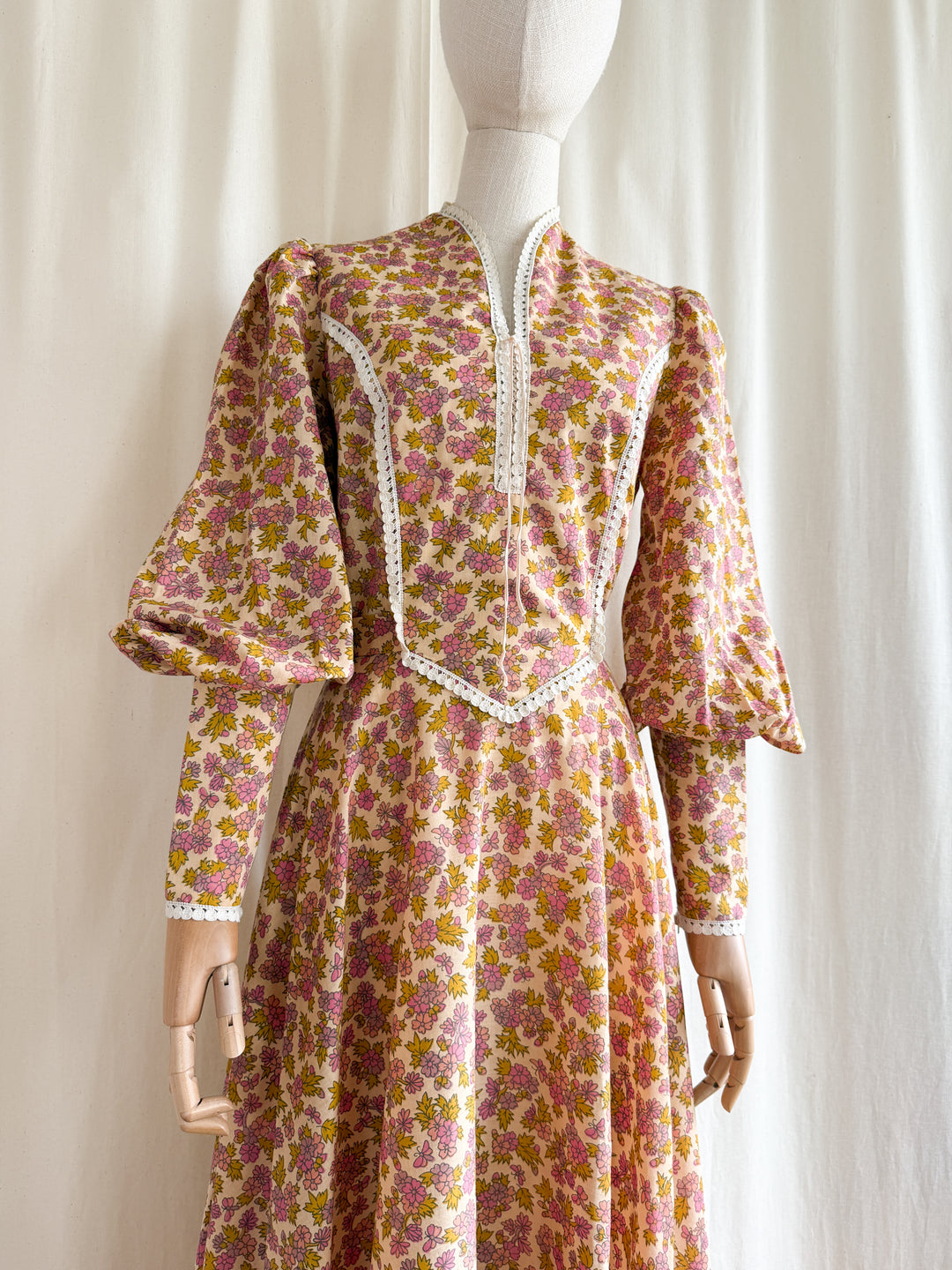 Insanely Beautiful 1970s Soft Cotton Handmade Corset Bust Mutton Sleeve Maxi Dress