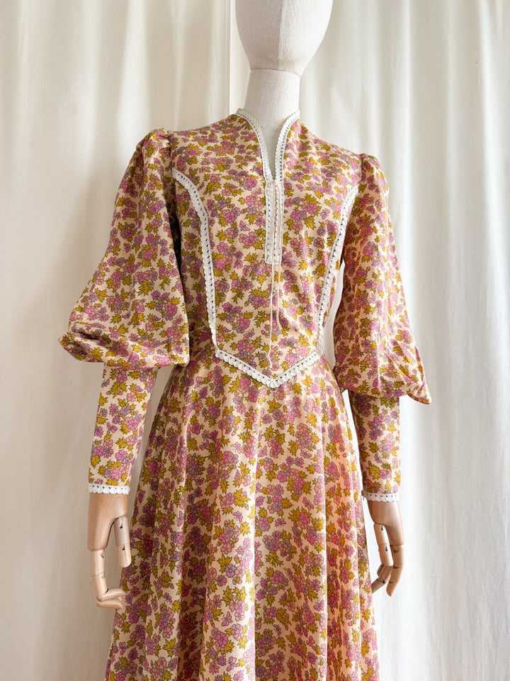 Insanely Beautiful 1970s Soft Cotton Handmade Corset Bust Mutton Sleeve Maxi Dress