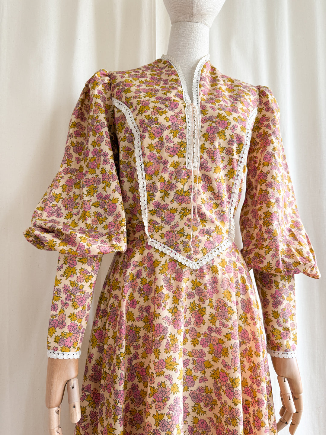 Insanely Beautiful 1970s Soft Cotton Handmade Corset Bust Mutton Sleeve Maxi Dress