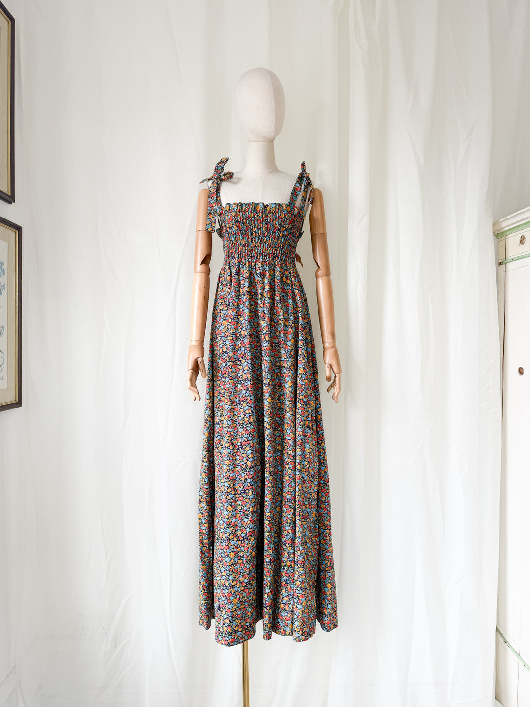 Utterly Dreamy Deadstock 1970s Floral Cotton Shirred Maxi Dress