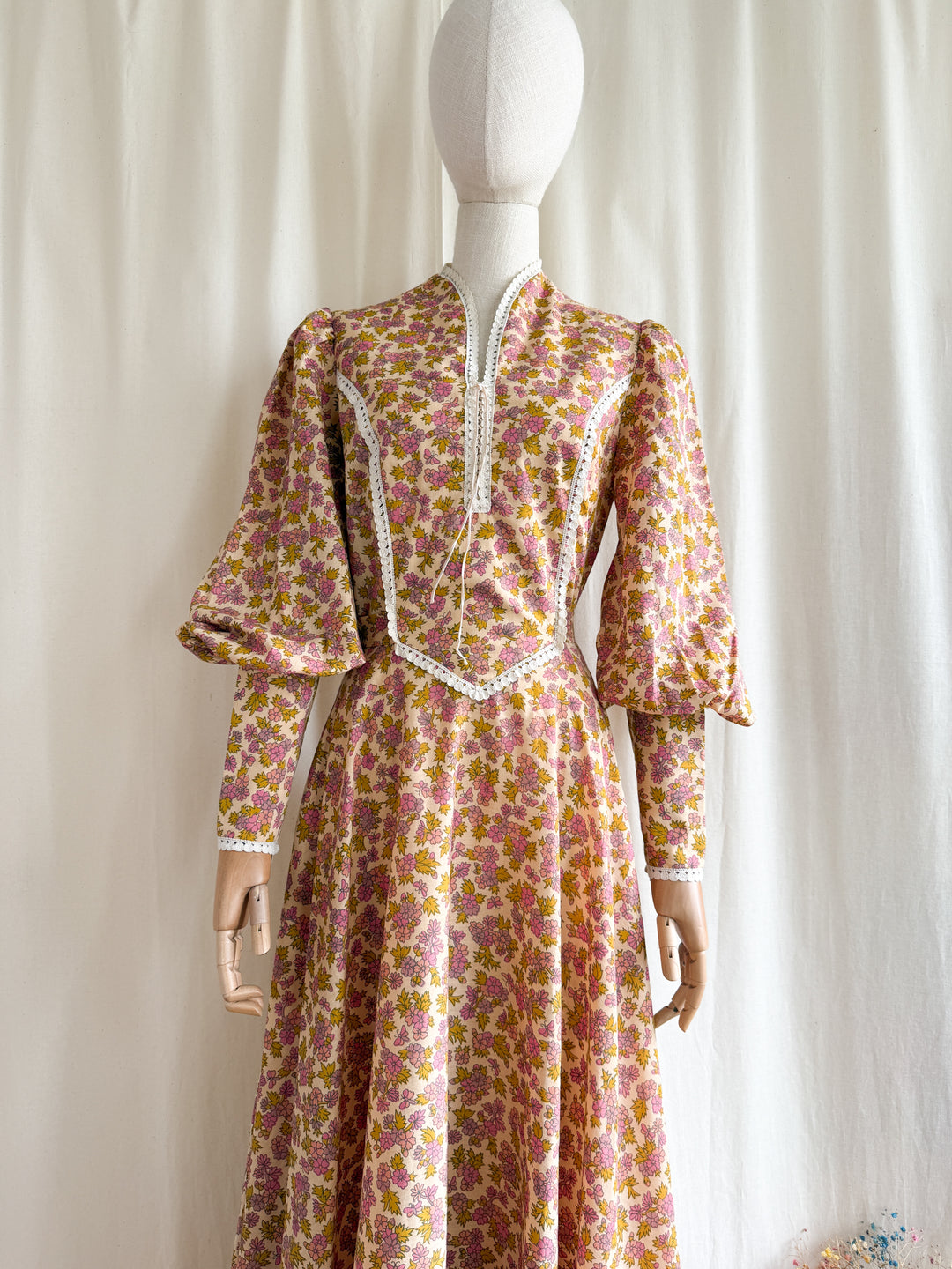 Insanely Beautiful 1970s Soft Cotton Handmade Corset Bust Mutton Sleeve Maxi Dress