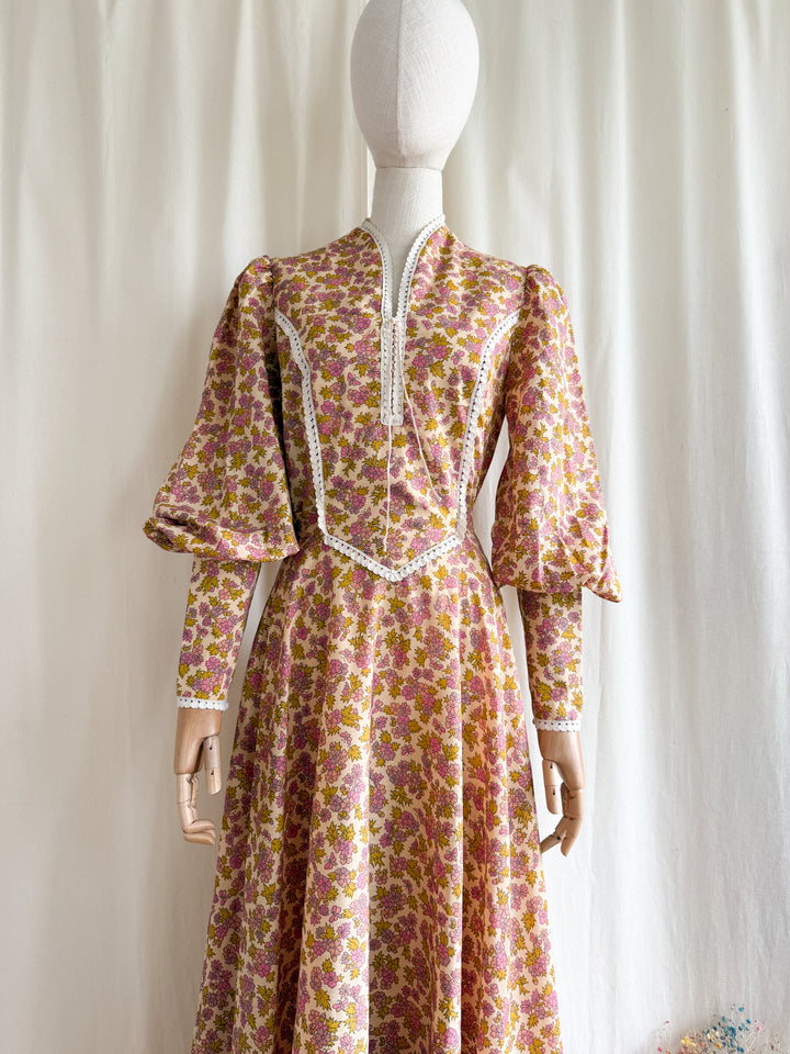 Insanely Beautiful 1970s Soft Cotton Handmade Corset Bust Mutton Sleeve Maxi Dress