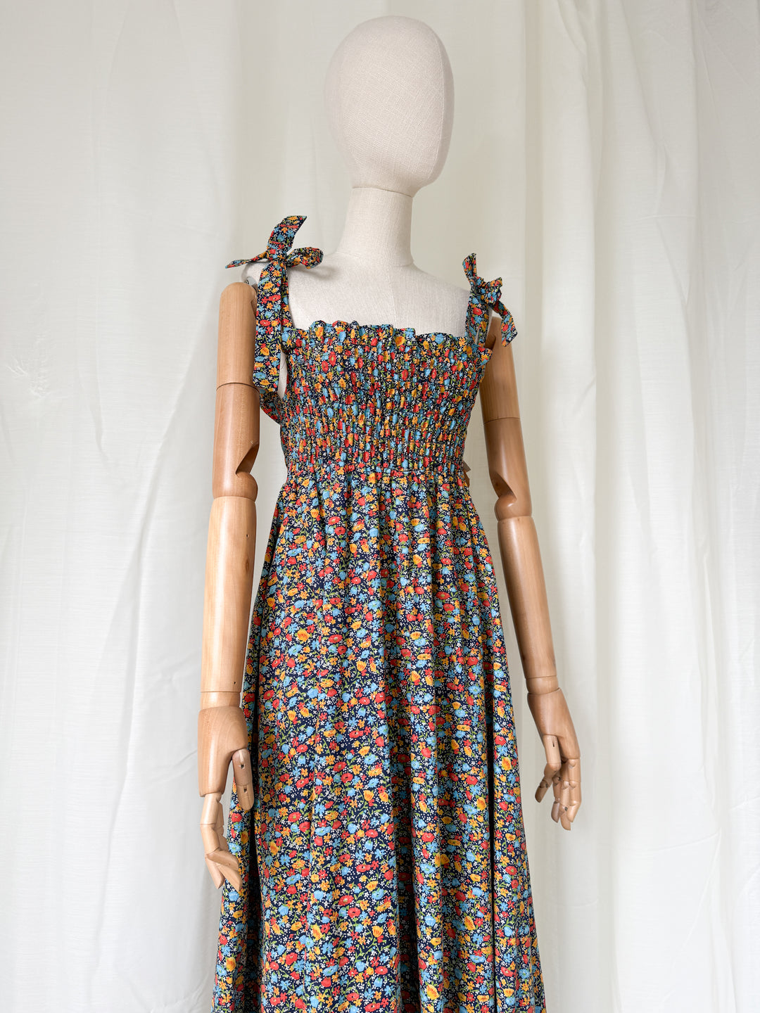 Utterly Dreamy Deadstock 1970s Floral Cotton Shirred Maxi Dress