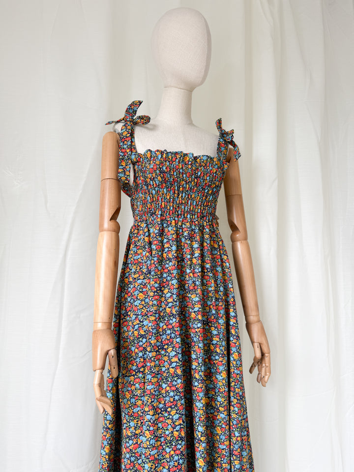 Utterly Dreamy Deadstock 1970s Floral Cotton Shirred Maxi Dress