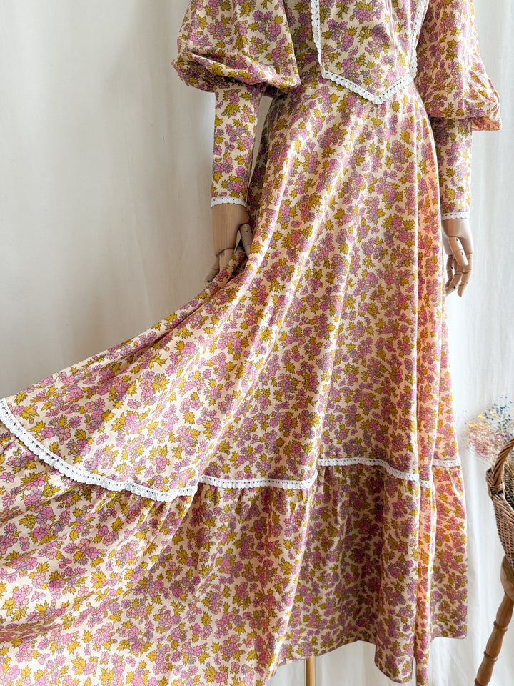 Insanely Beautiful 1970s Soft Cotton Handmade Corset Bust Mutton Sleeve Maxi Dress