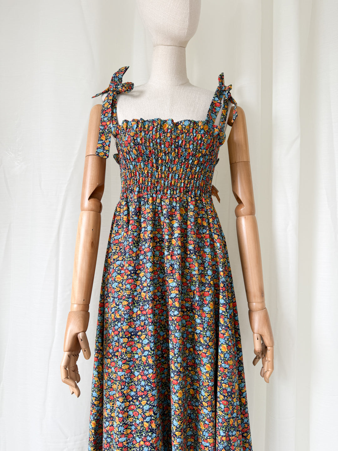 Utterly Dreamy Deadstock 1970s Floral Cotton Shirred Maxi Dress