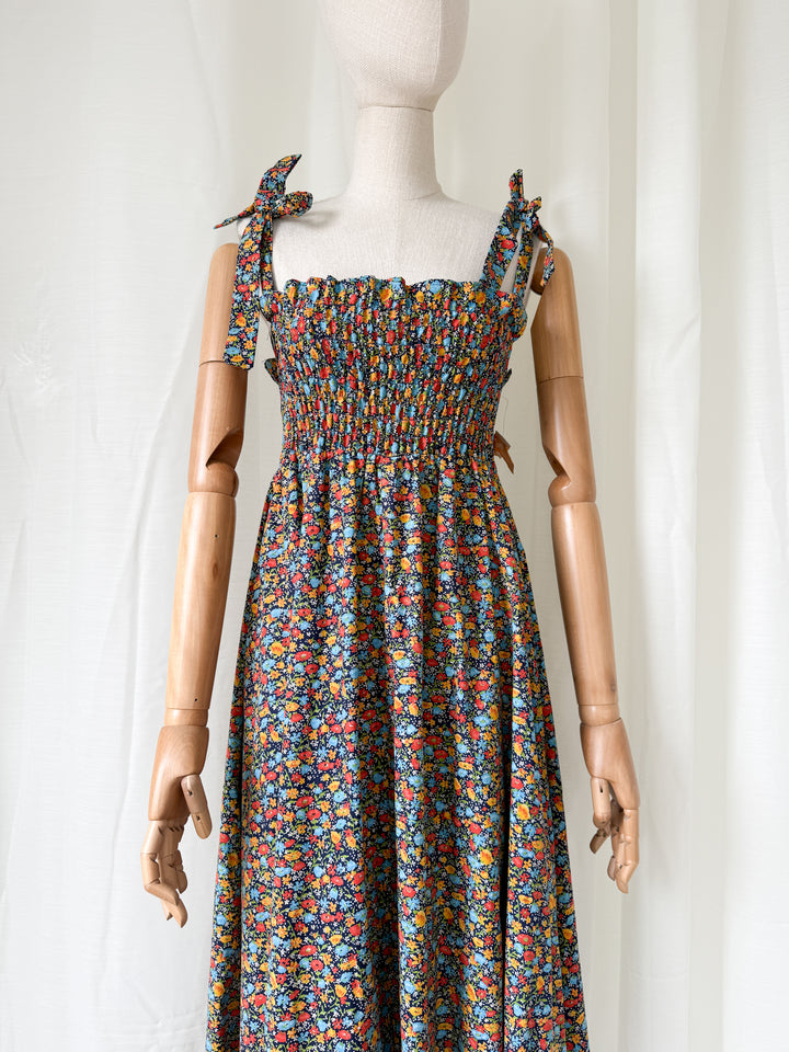 Utterly Dreamy Deadstock 1970s Floral Cotton Shirred Maxi Dress