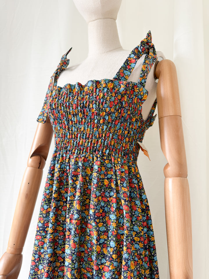 Utterly Dreamy Deadstock 1970s Floral Cotton Shirred Maxi Dress