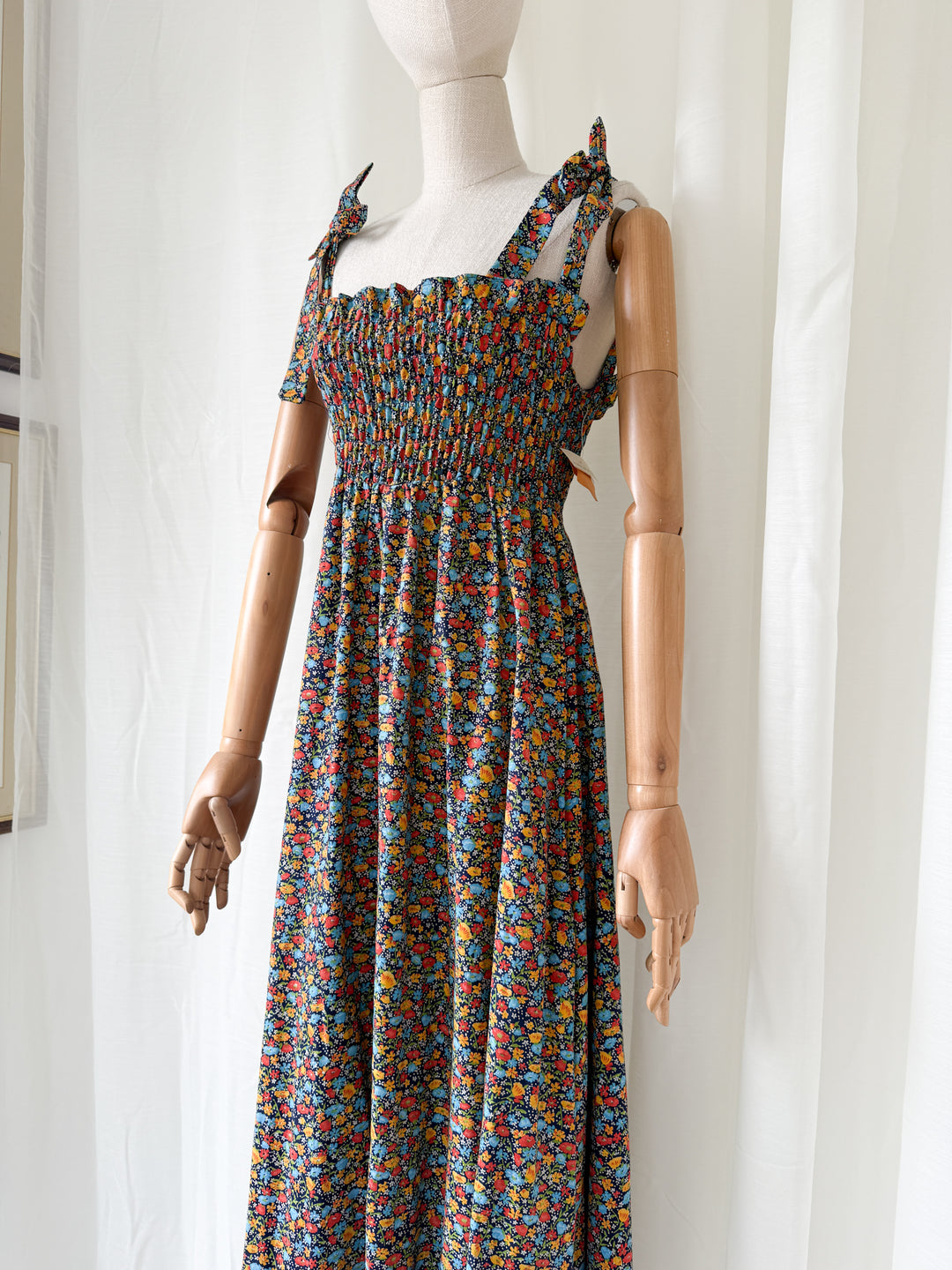 Utterly Dreamy Deadstock 1970s Floral Cotton Shirred Maxi Dress