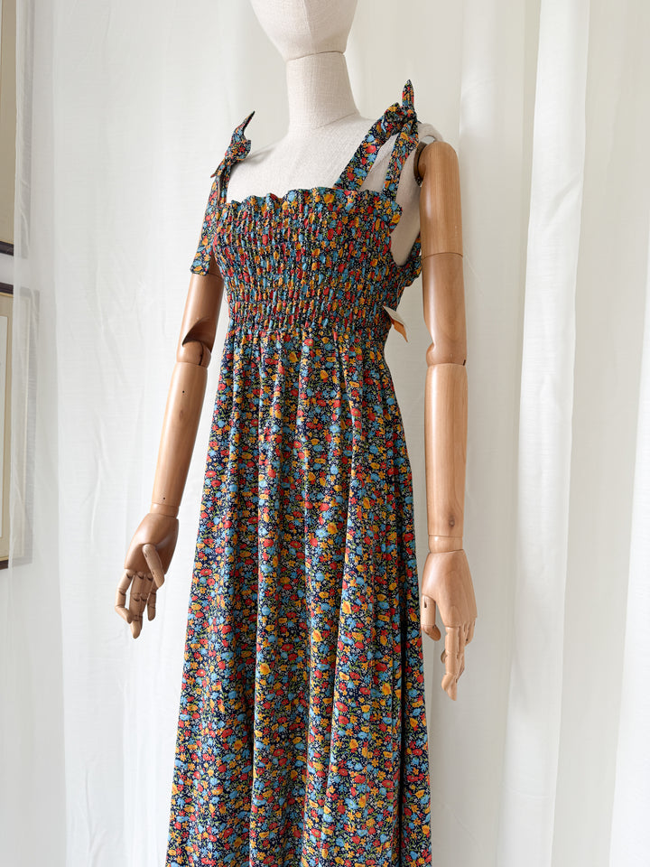 Utterly Dreamy Deadstock 1970s Floral Cotton Shirred Maxi Dress