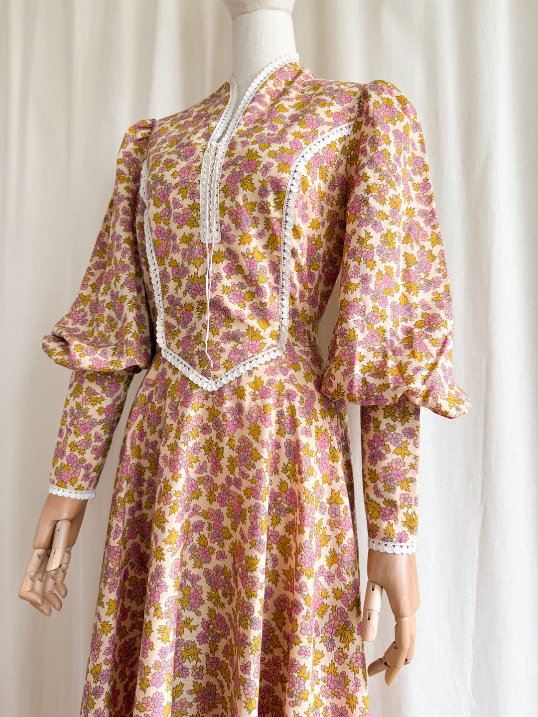 Insanely Beautiful 1970s Soft Cotton Handmade Corset Bust Mutton Sleeve Maxi Dress