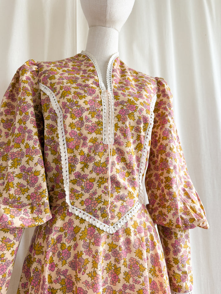 Insanely Beautiful 1970s Soft Cotton Handmade Corset Bust Mutton Sleeve Maxi Dress