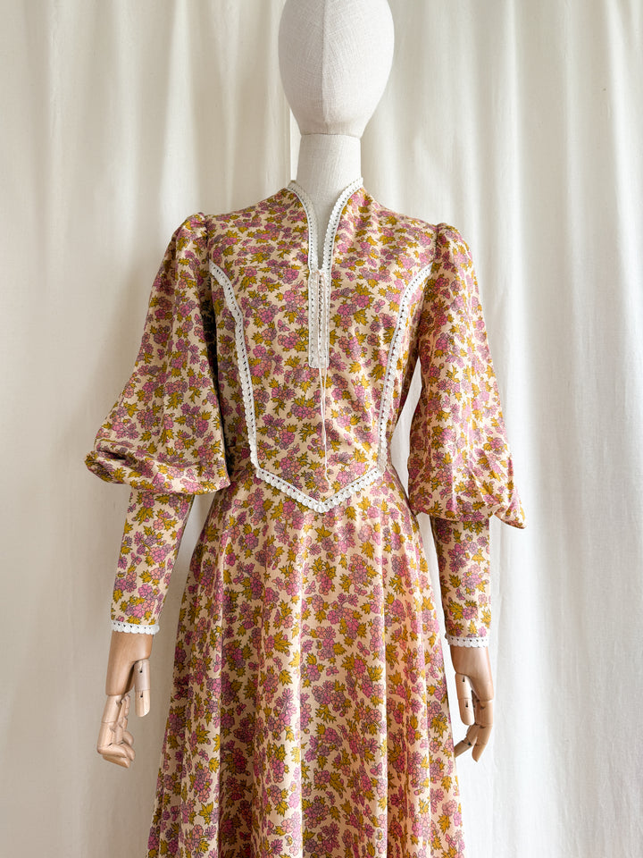 Insanely Beautiful 1970s Soft Cotton Handmade Corset Bust Mutton Sleeve Maxi Dress