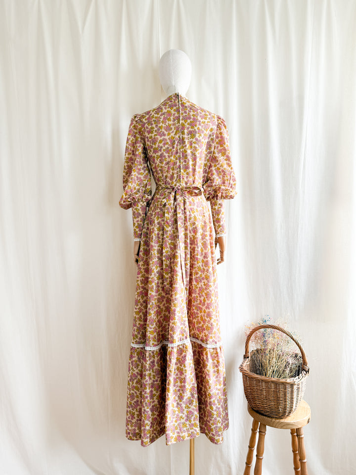 Insanely Beautiful 1970s Soft Cotton Handmade Corset Bust Mutton Sleeve Maxi Dress