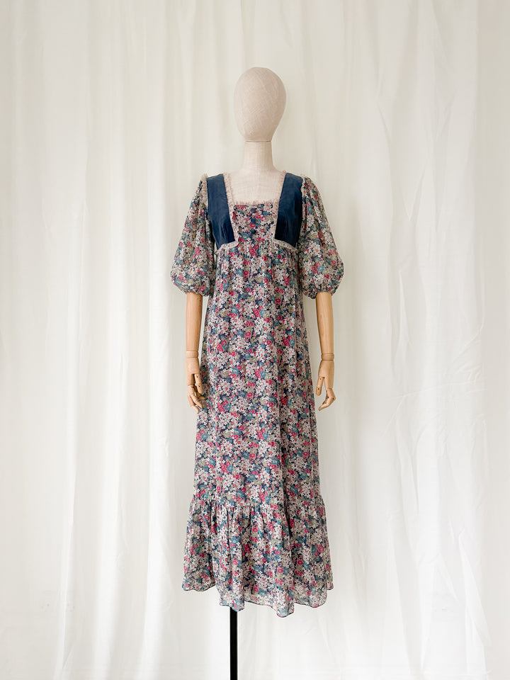 Gorgeous 1970s Floral Cotton Velvet Bodice Maxi Dress by Debenhams