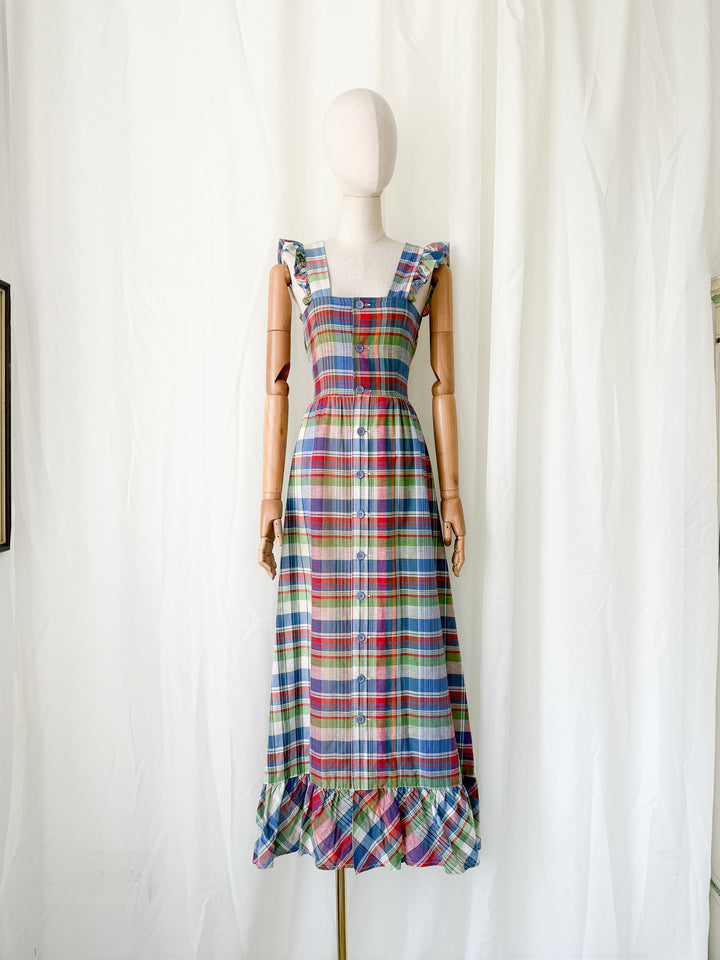 Divine Rare 1970s Plaid Cotton Button Front Maxi Dress