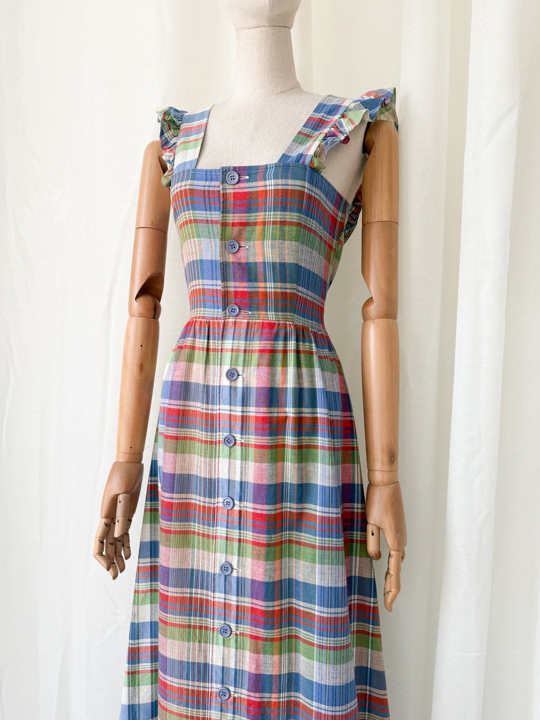 Divine Rare 1970s Plaid Cotton Button Front Maxi Dress