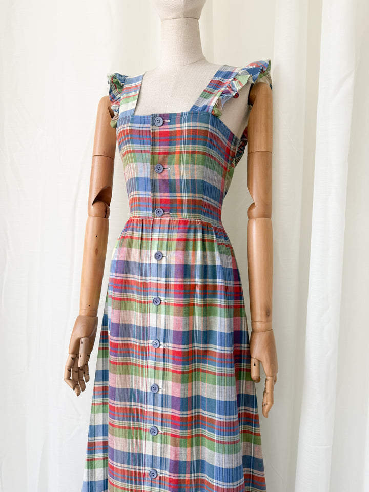 Divine Rare 1970s Plaid Cotton Button Front Maxi Dress