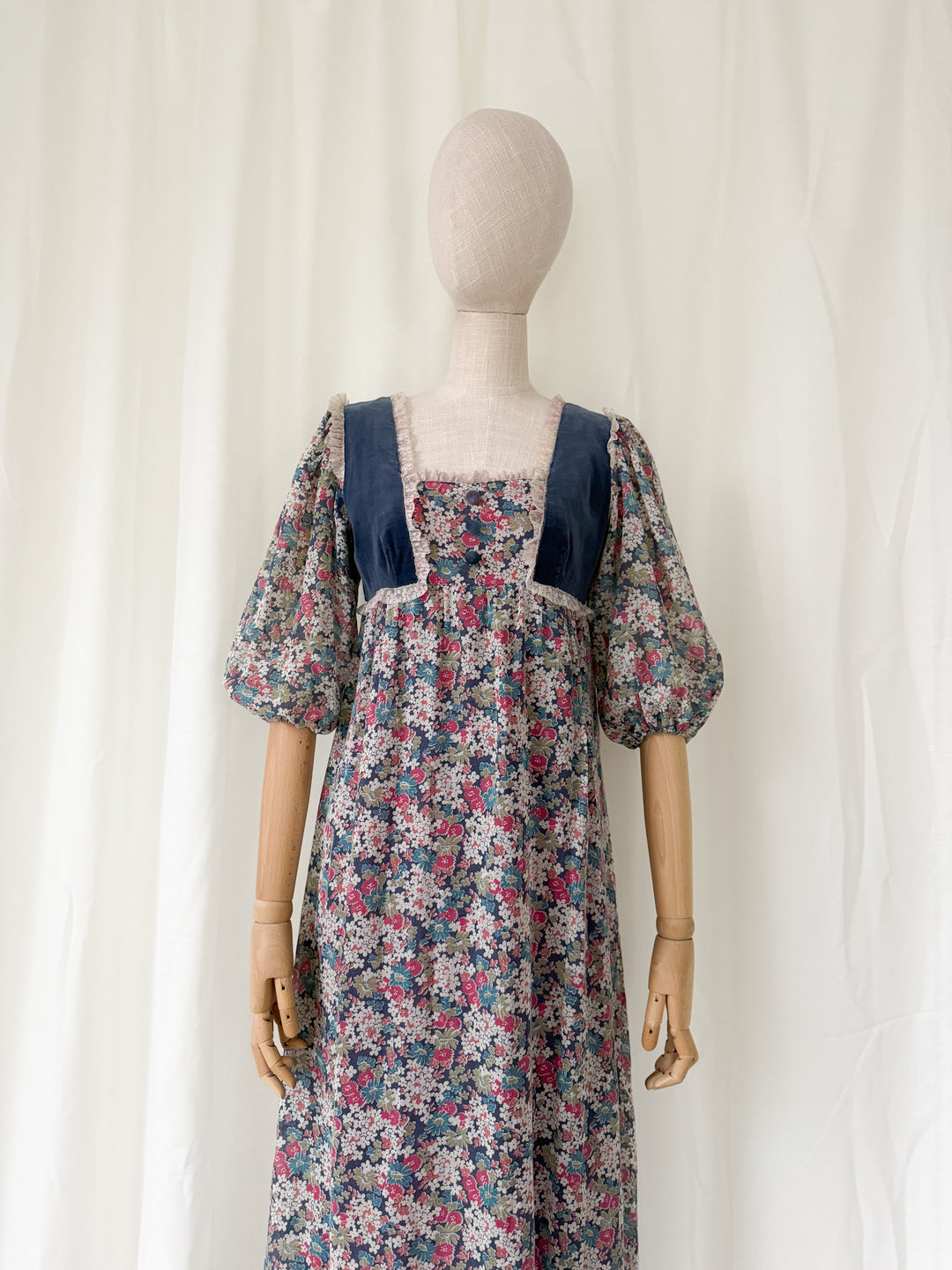 Gorgeous 1970s Floral Cotton Velvet Bodice Maxi Dress by Debenhams