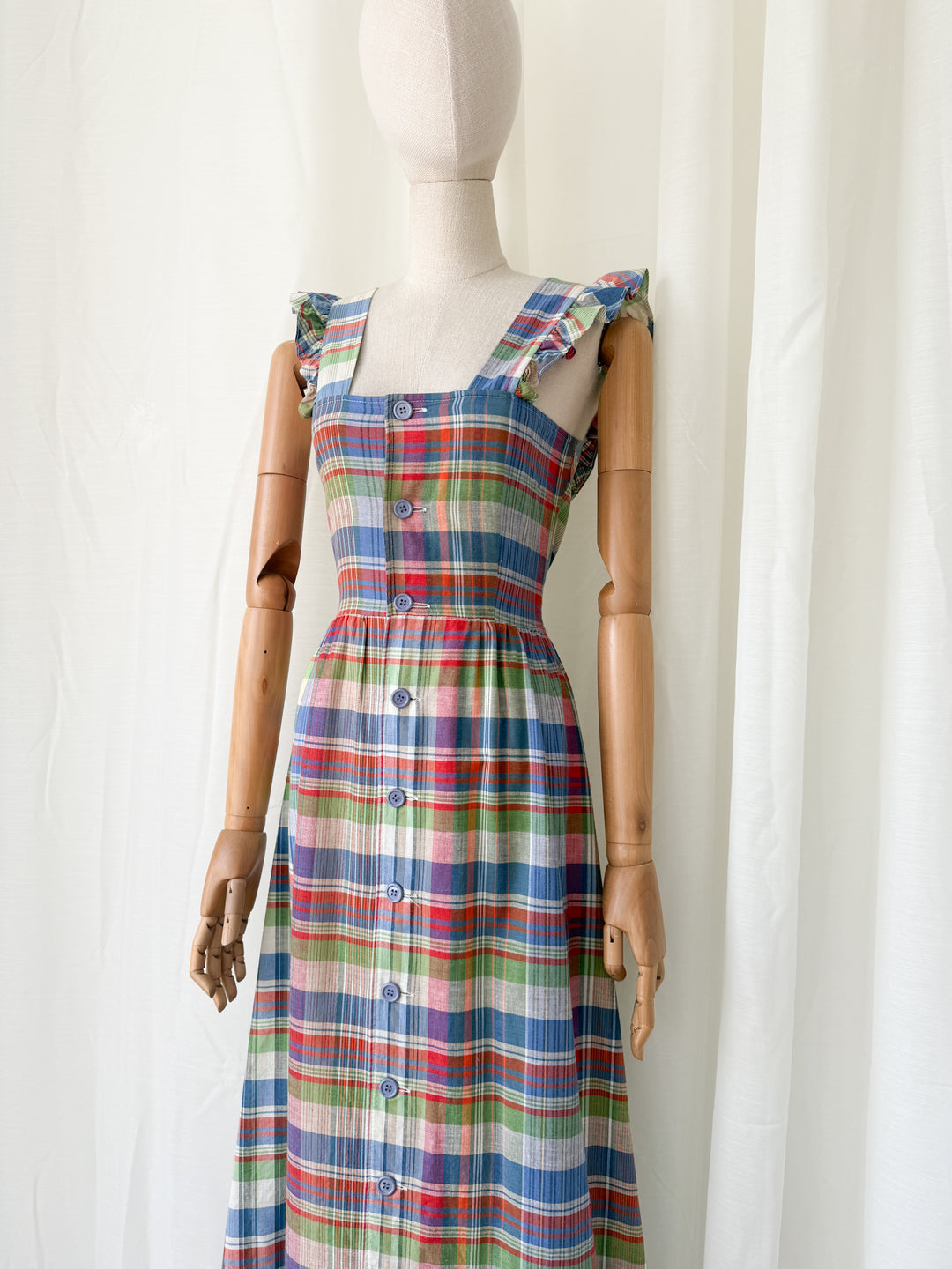 Divine Rare 1970s Plaid Cotton Button Front Maxi Dress