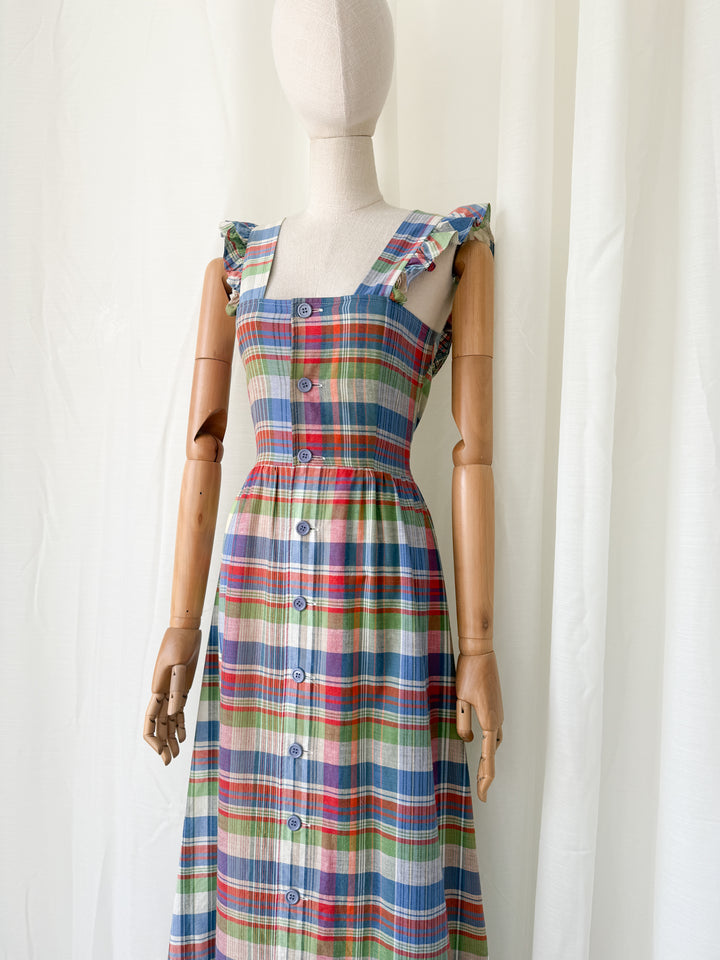 Divine Rare 1970s Plaid Cotton Button Front Maxi Dress
