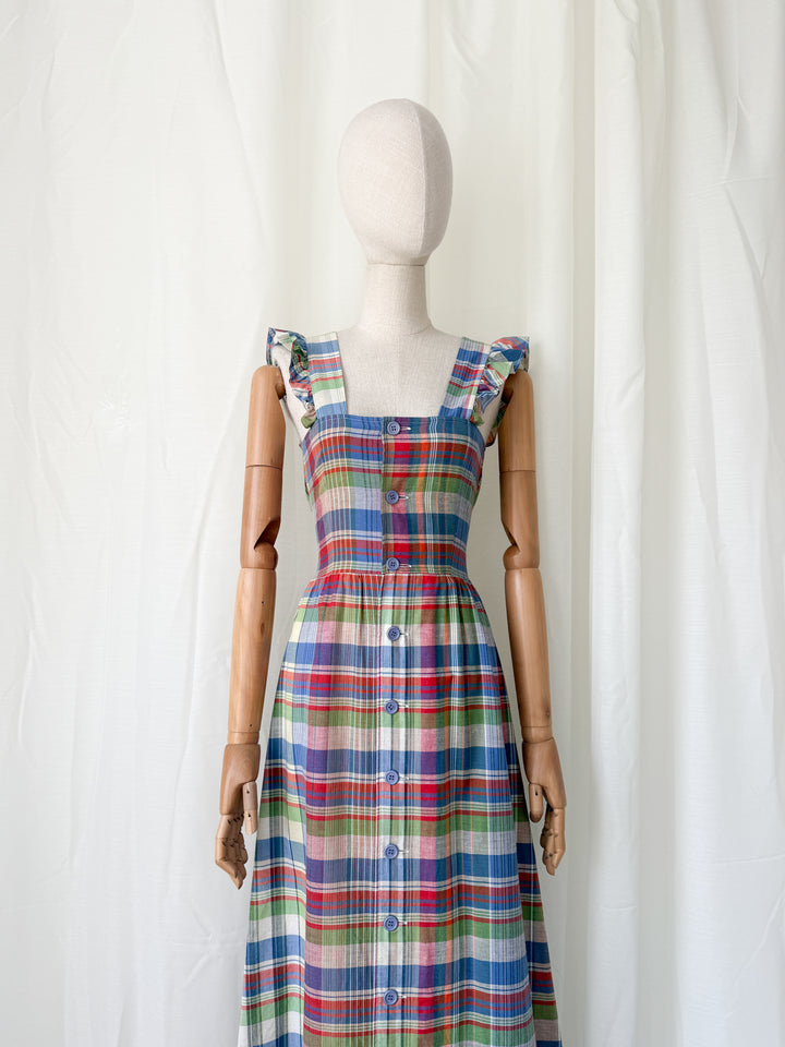Divine Rare 1970s Plaid Cotton Button Front Maxi Dress