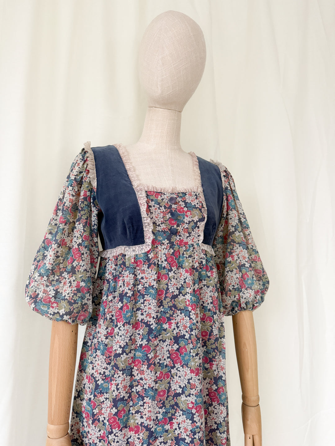 Gorgeous 1970s Floral Cotton Velvet Bodice Maxi Dress by Debenhams