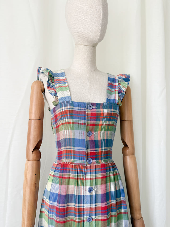 Divine Rare 1970s Plaid Cotton Button Front Maxi Dress