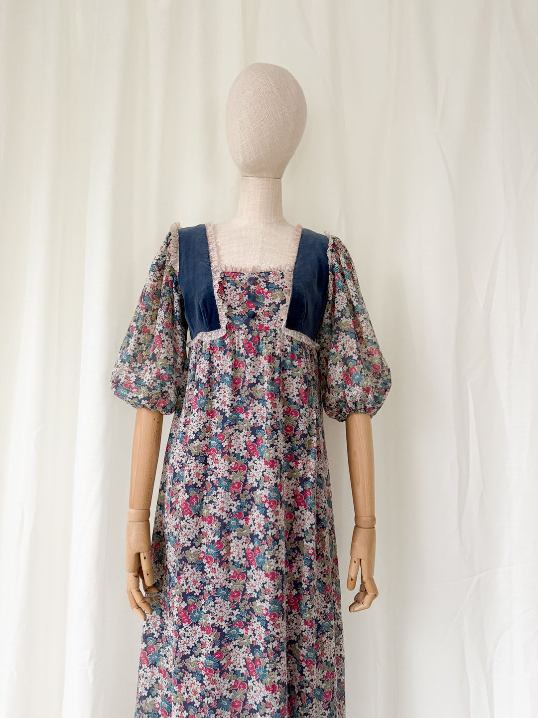 Gorgeous 1970s Floral Cotton Velvet Bodice Maxi Dress by Debenhams
