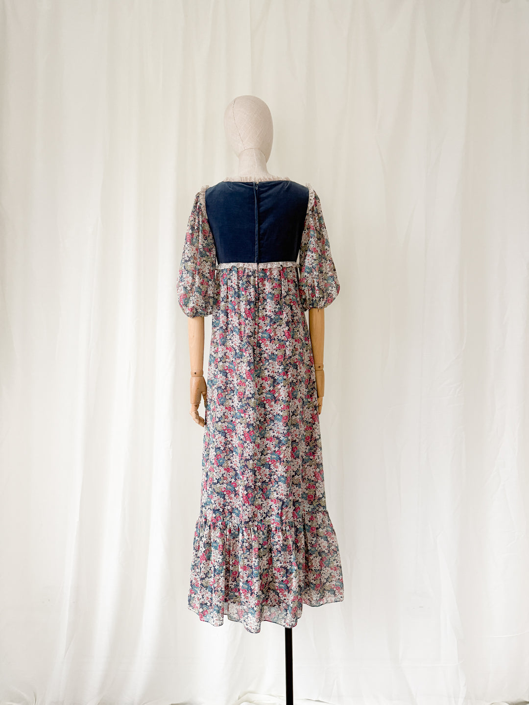 Gorgeous 1970s Floral Cotton Velvet Bodice Maxi Dress by Debenhams