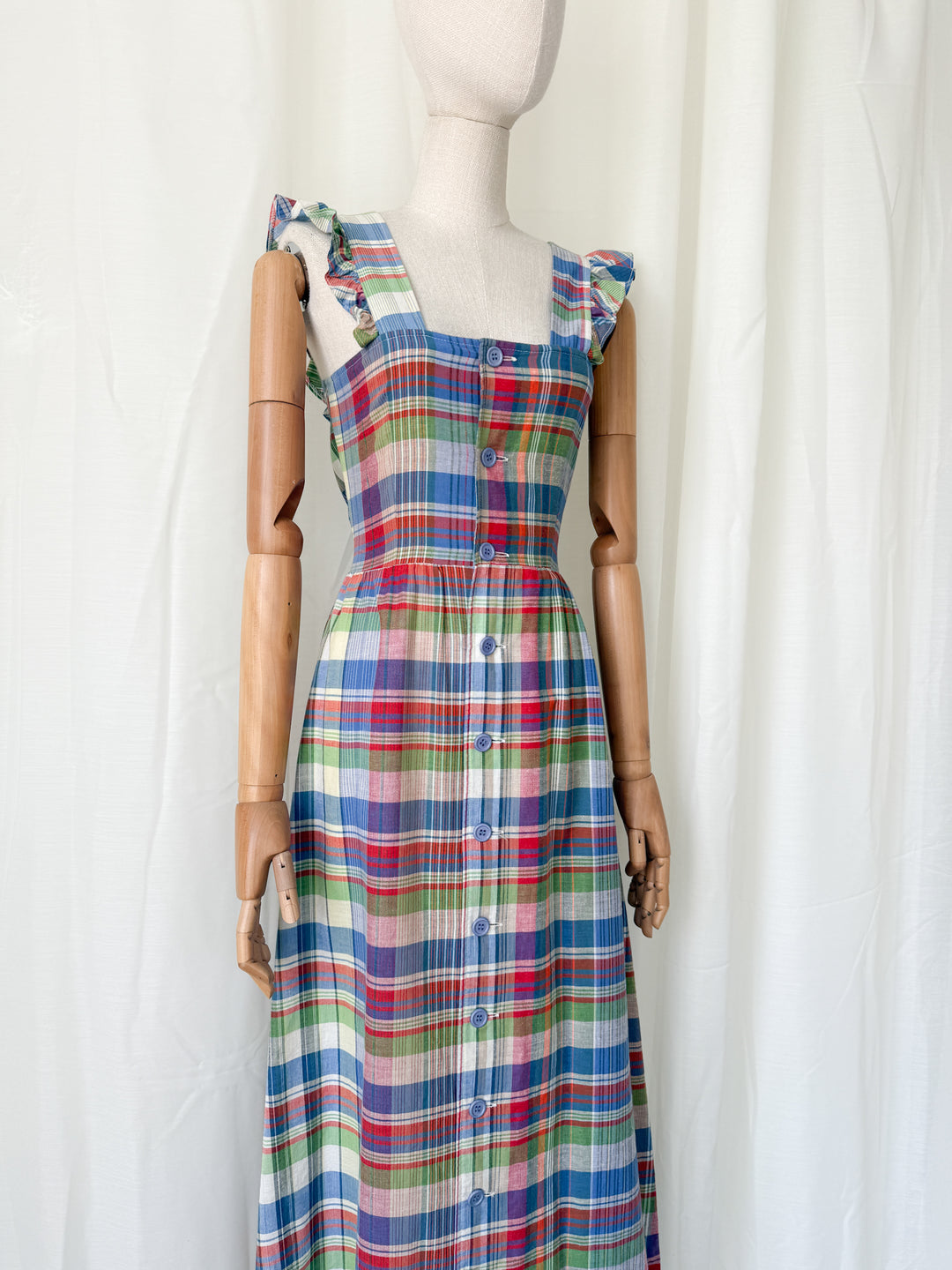Divine Rare 1970s Plaid Cotton Button Front Maxi Dress
