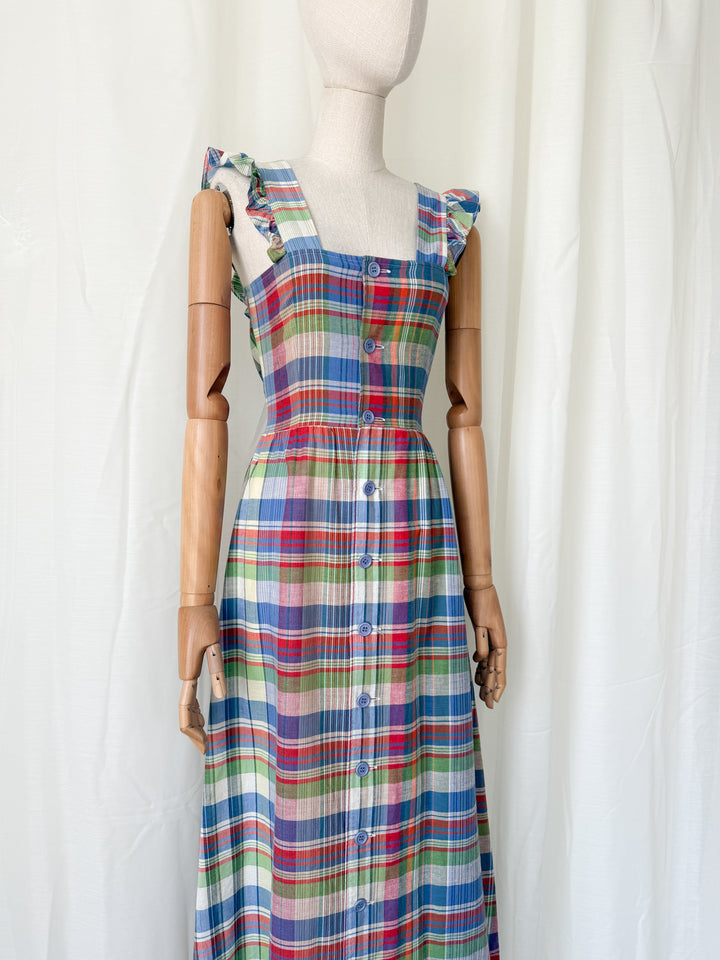 Divine Rare 1970s Plaid Cotton Button Front Maxi Dress