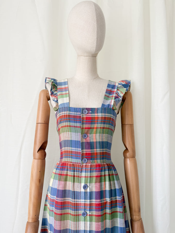Divine Rare 1970s Plaid Cotton Button Front Maxi Dress