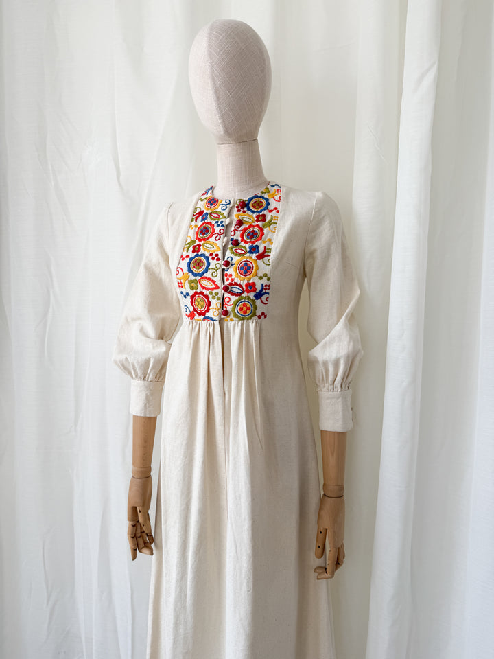 Absolutely Adorable Rare Heavy Calico Embroidered 1970s Maxi Dress by Rae Dolls