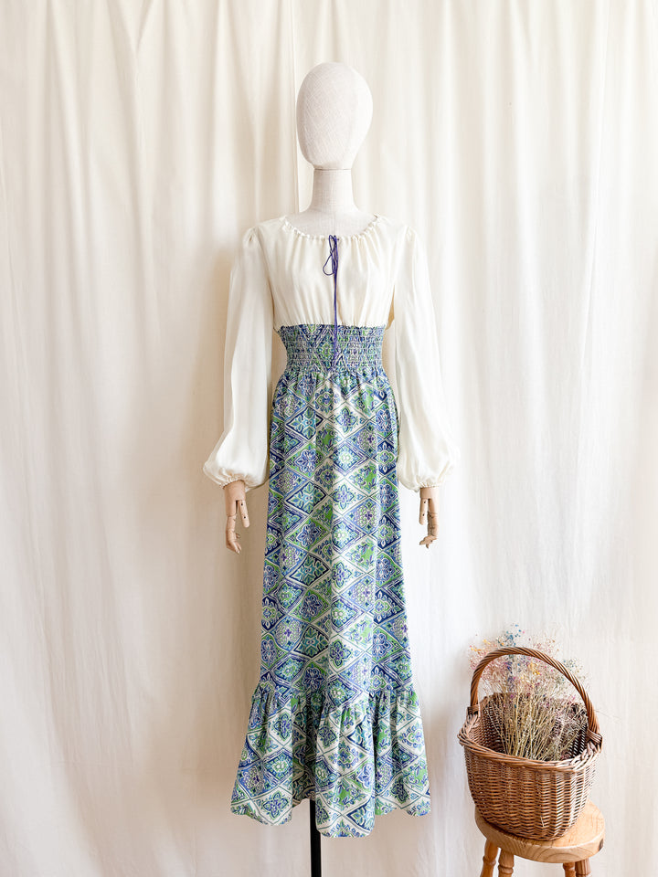 Gorgeous 70s Bohemian Shirred Waist Cotton and Chiffon Maxi Dress