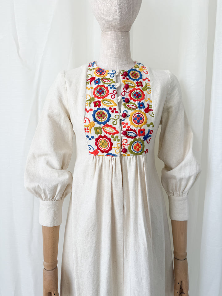 Absolutely Adorable Rare Heavy Calico Embroidered 1970s Maxi Dress by Rae Dolls