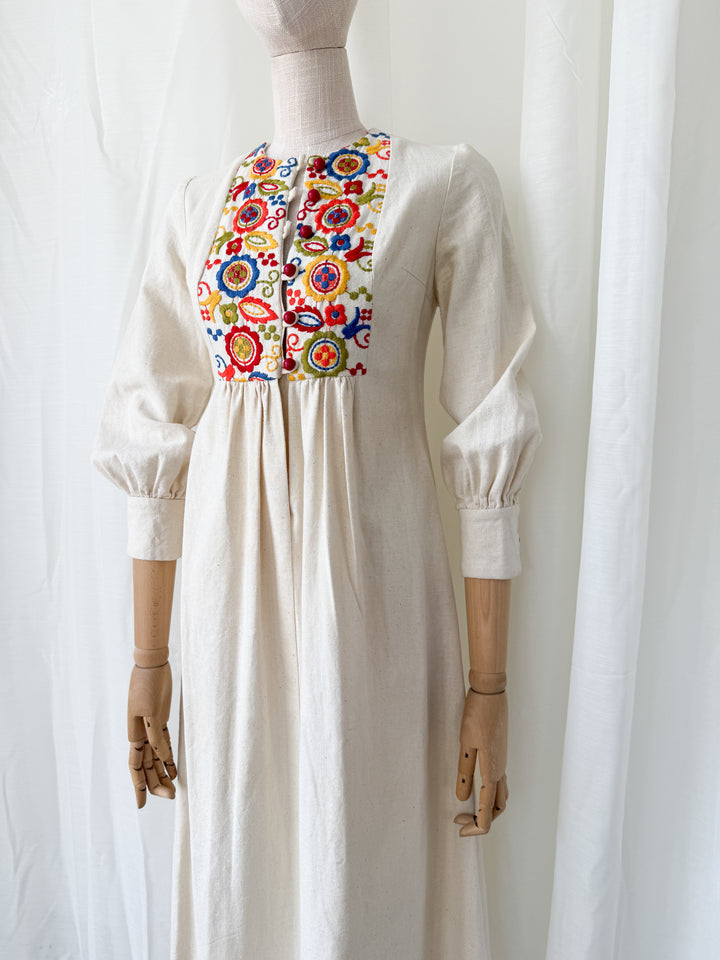 Absolutely Adorable Rare Heavy Calico Embroidered 1970s Maxi Dress by Rae Dolls