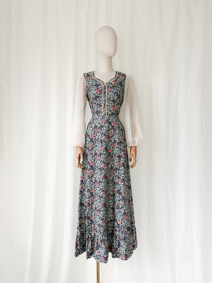 Romantic 70s Floral Cotton Eyelet Bodice Prairie Dress