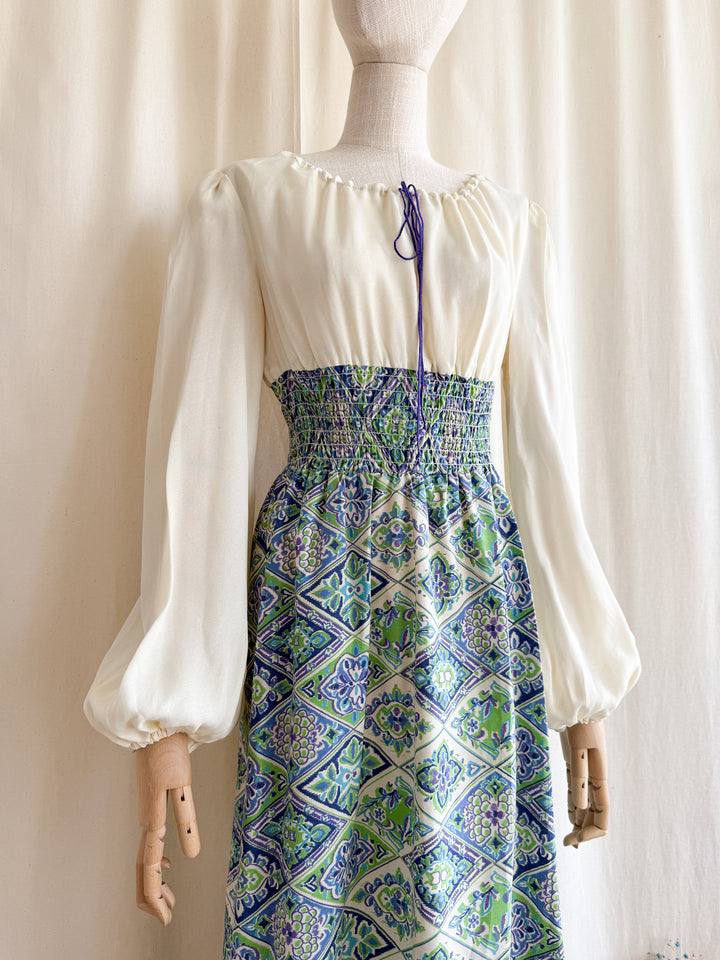 Gorgeous 70s Bohemian Shirred Waist Cotton and Chiffon Maxi Dress