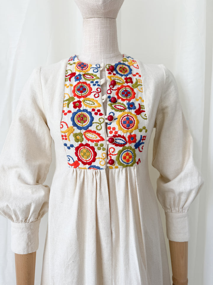 Absolutely Adorable Rare Heavy Calico Embroidered 1970s Maxi Dress by Rae Dolls