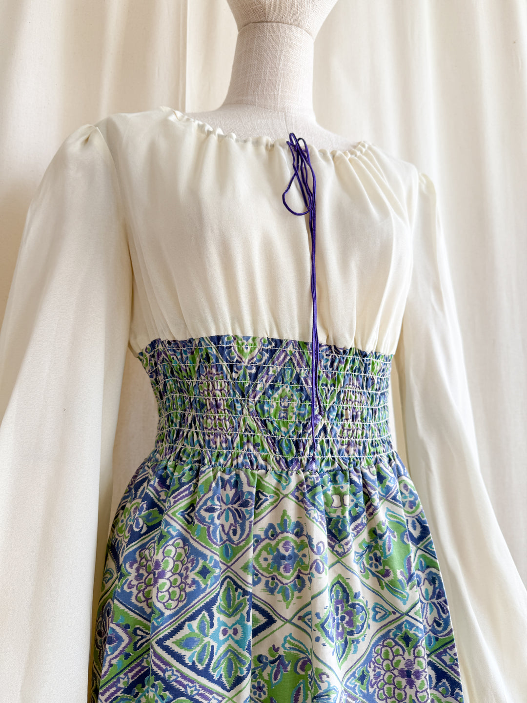 Gorgeous 70s Bohemian Shirred Waist Cotton and Chiffon Maxi Dress
