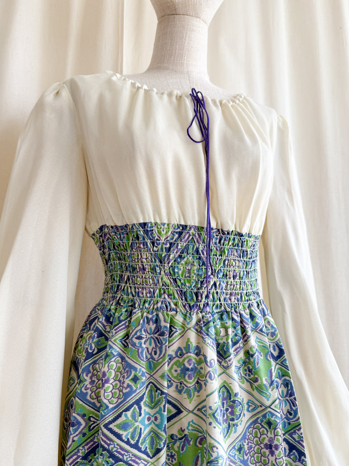 Gorgeous 70s Bohemian Shirred Waist Cotton and Chiffon Maxi Dress