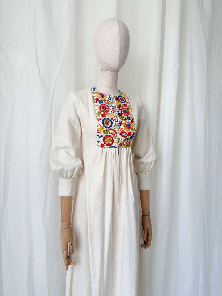 Absolutely Adorable Rare Heavy Calico Embroidered 1970s Maxi Dress by Rae Dolls