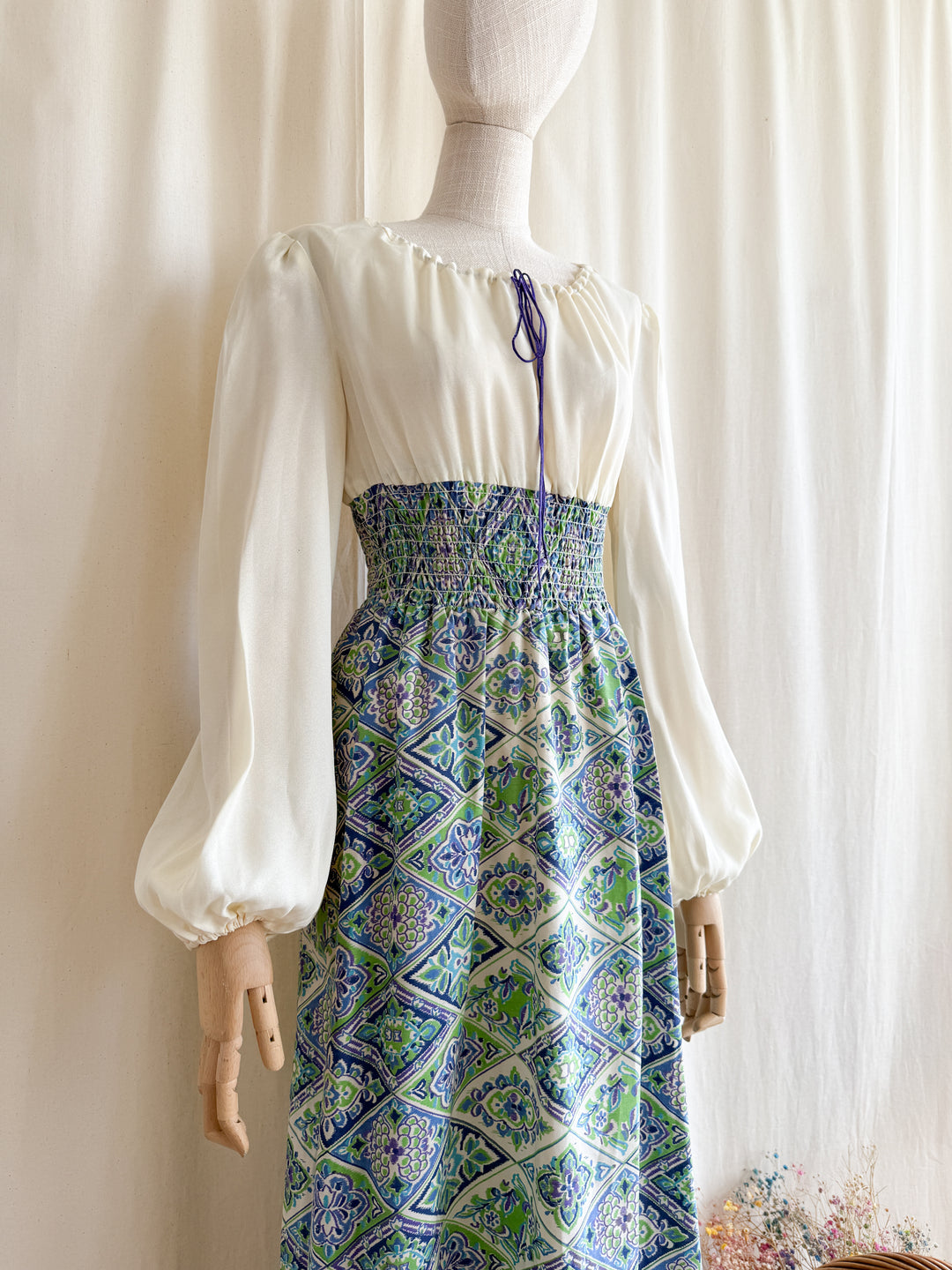 Gorgeous 70s Bohemian Shirred Waist Cotton and Chiffon Maxi Dress