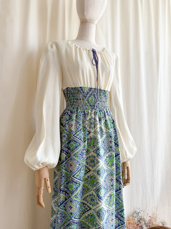 Gorgeous 70s Bohemian Shirred Waist Cotton and Chiffon Maxi Dress