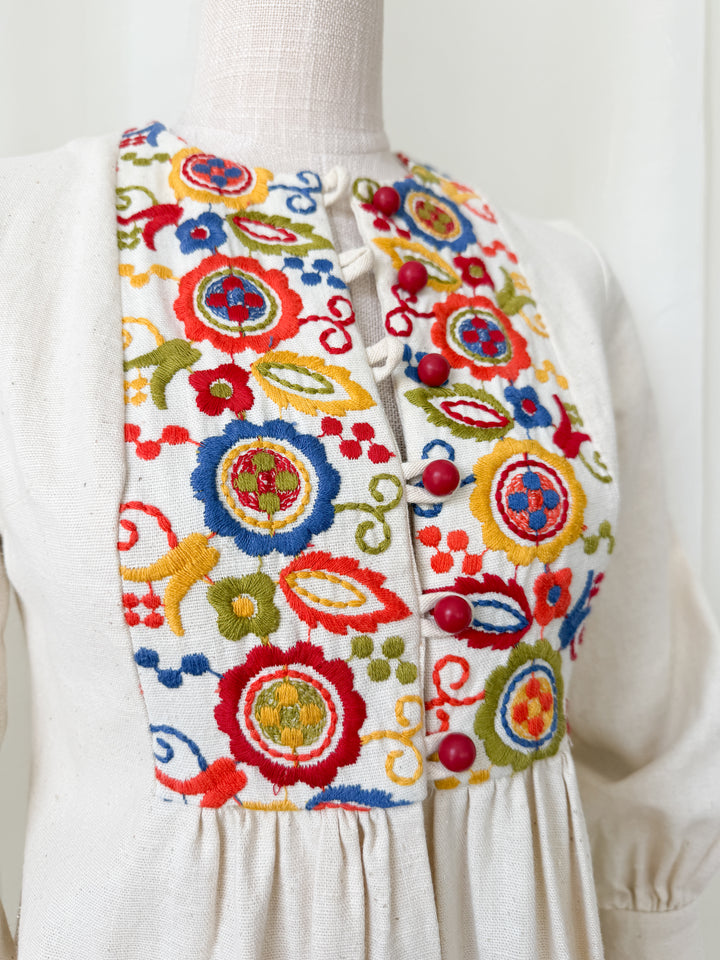 Absolutely Adorable Rare Heavy Calico Embroidered 1970s Maxi Dress by Rae Dolls